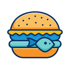 Flat illustration of fish burger on a black background