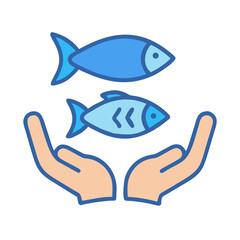 Two blue fishes in hands flat design icon vector