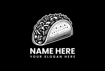 Monochrome line drawing of a taco filled with various ingredients on a white background. Mexican food concept