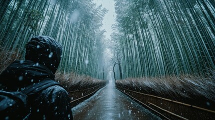 Snowy bamboo forest path