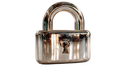 A glowing 3D padlock icon with a shiny metallic finish, representing security and trust, shown on white --ar 16:9 --v 7.0 --s 750