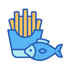 Stylized icon of fish and fries on black background