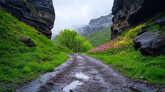 there is a dirt road in the middle of a grassy area