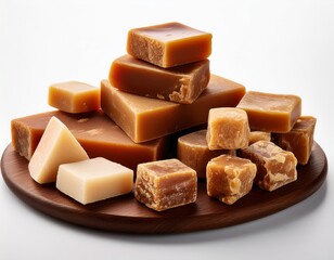 assorted jaggery pieces in different shapes and sizes displayed on an isolated white background ideal for showcasing traditional sweeteners in promotional content