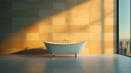 Spacious modern minimalist bathroom with freestanding bathtub