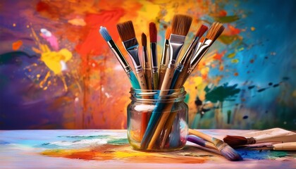 a vibrant still life featuring a jar filled with paintbrushes on a colorful splattered table perfect for illustrating creativity art supplies or an artist s workspace