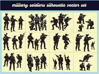 Combat Soldiers with Weapons | Black Fill Silhouette | Vector Line Cut Design