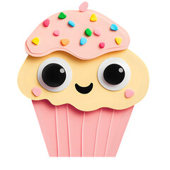 A pastel sticky note shaped like a cupcake with eyes and sprinkles, isolated on transparent background 