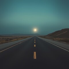 Fototapeta premium A vintage-toned highway stretches toward a distant horizon under a soft moonlight, evoking a sense of open road adventure.