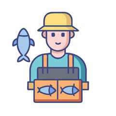 Cartoon fisherman holding caught fish crate isolated on black