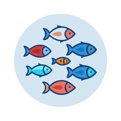 School of colorful fish swimming inside light blue circle