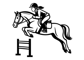 Equestrian jumping illustration of a rider on a horse clearing an obstacle in black and white style