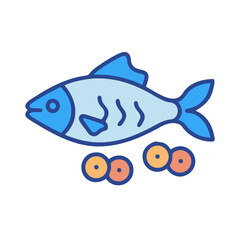 Blue fish and eggs flat illustration on black background
