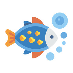 Cartoon fish swimming with bubbles, isolated on black