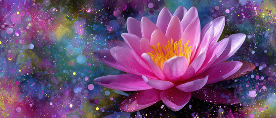 Pink lotus floating over cosmic watercolor background, creating serene atmosphere