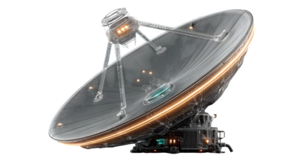 A glowing 3D satellite dish icon with holographic details, representing technology and connectivity, placed on white --ar 16:9 --v 7.0 --s 750