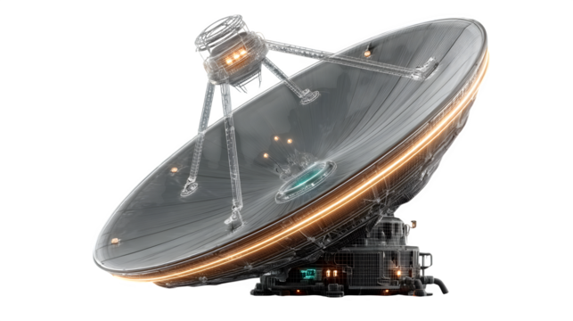 A glowing 3D satellite dish icon with holographic details, representing technology and connectivity, placed on white --ar 16:9 --v 7.0 --s 750