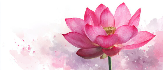 Fototapeta premium Pink lotus bloom with watercolor splashes on white background