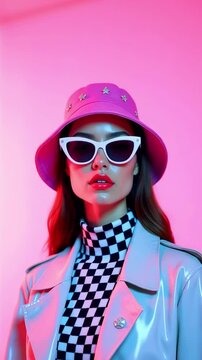 Fashionable woman in stylish sunglasses and a colorful hat poses against a vibrant pink background