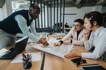 A diverse group of business professionals engage in a strategic meeting, analyzing and discussing project plans in a modern office setting. The team collaborates to develop effective solutions.