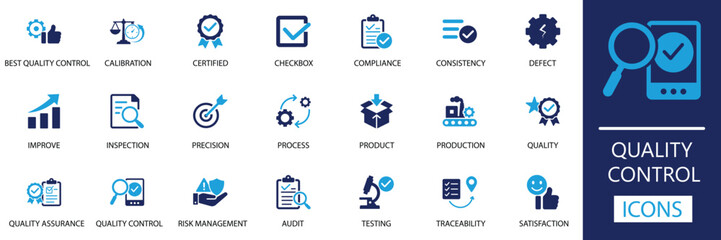 Quality Control solid Vector Icon set. Features icons of Process, Audit, Testing, and Compliance. Perfect for Manufacturing, Business, and Reports.
