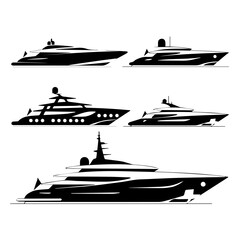Vector illustration of five sleek, modern yacht silhouettes in black and white, depicted from a side view with dynamic lines suggesting motion, showcasing luxury maritime design and style.
