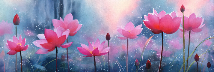 Pink lotus flowers bloom serenely in misty dawn light
