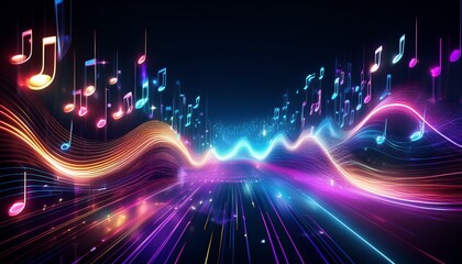 abstract digital music background with glowing neon musical notes and light trails