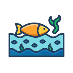 Stylized fish swimming in water with seaweed illustration