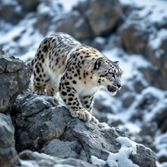 Fototapeta premium Majestic snow leopard navigating rocky terrain