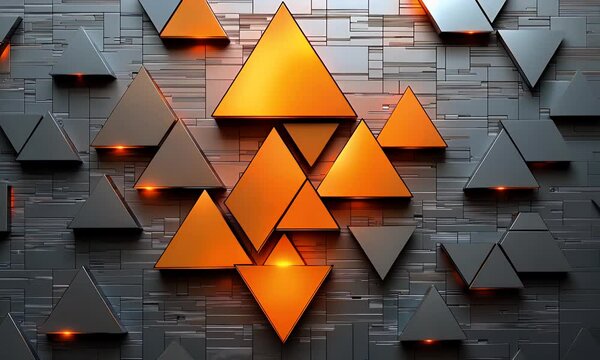 Abstract geometric background with glowing orange and gray triangles on a textured surface.