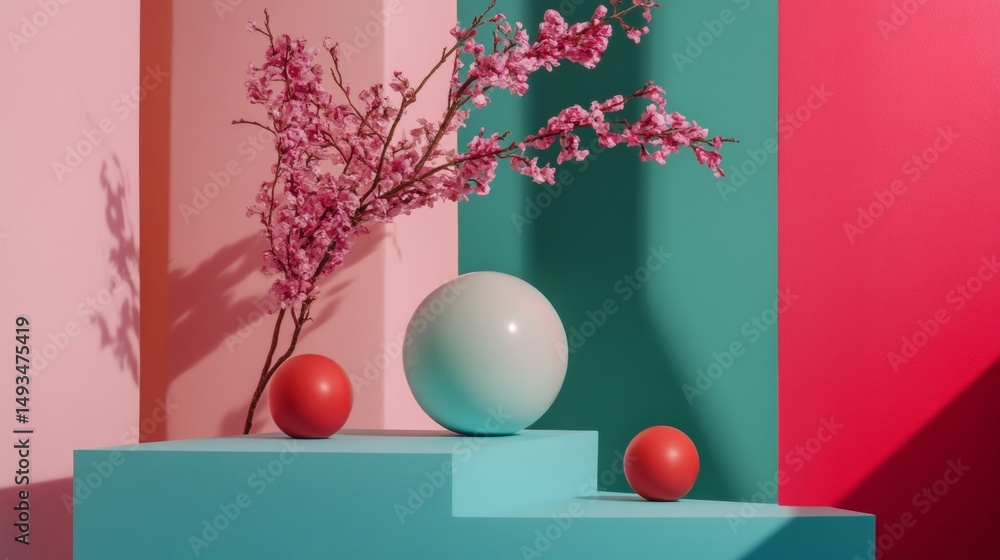 Poster abstract geometric shapes and objects in pastel background with flowers for minimal design concept