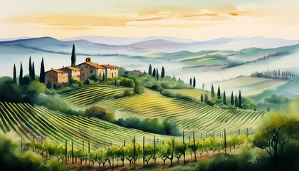 misty morning in tuscan countryside gentle watercolor painting of vineyards and farmhouses