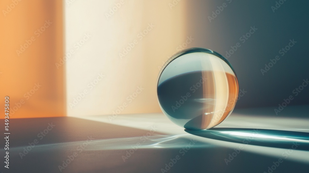 Poster glass sphere on table casting soft shadow with sunlight in clean futuristic minimal setting