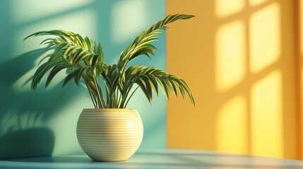 Obraz premium Yellow sunlight shining on green potted plant with shadows and interior decorative background styling