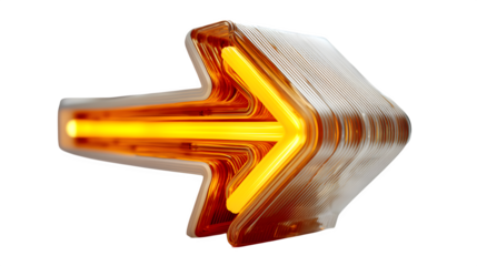 A glowing neon arrow icon in vibrant orange, pointing forward to signify progress, placed on white --ar 16:9 --v 7.0 --s 750