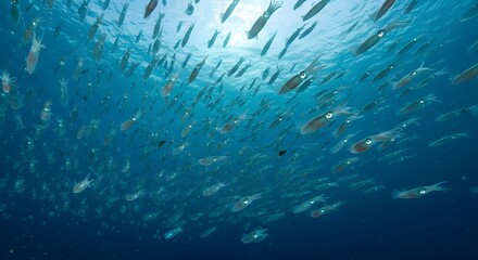 A large school of squid swimming together in the ocean under the bright sunlight