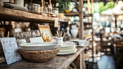 Fototapeta premium Rustic market shelf with handmade plates and natural light in cozy artisan shop environment
