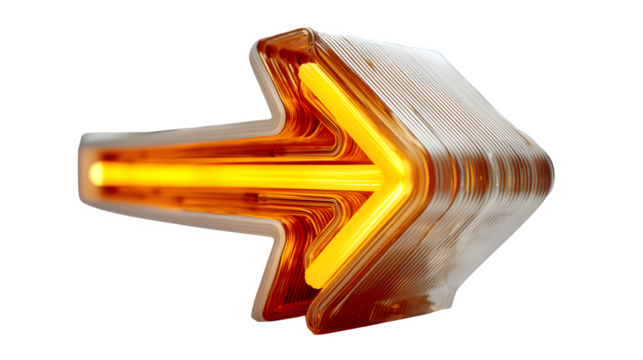 A glowing neon arrow icon in vibrant orange, pointing forward to signify progress, placed on white --ar 16:9 --v 7.0 --s 750