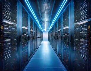 Obraz premium modern data center with rows of glowing server racks and advanced network infrastructure