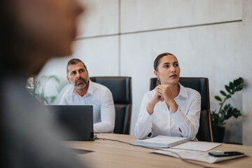 Plakat Multicultural business people attentively listening during a meeting in a modern office environment. The image captures professionalism, teamwork, and concentration, highlighting diverse perspectives