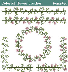 Colorful flower brushes, branches. You can draw any line or path and apply one of these brushes. You can also create frames in different shapes (round, square, etc.), as all brushes include tiles for 