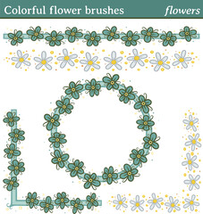 Colorful flower brushes, flowers. You can draw any line or path and apply one of these brushes. You can also create frames in different shapes (round, square, etc.), as all brushes include tiles for 