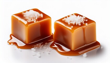 two salty caramel candy cubes topped with caramel sauce and salt on white background