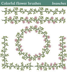 Colorful flower brushes, branches. You can draw any line or path and apply one of these brushes. You can also create frames in different shapes (round, square, etc.), as all brushes include tiles for 