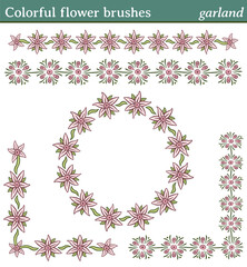 Colorful flower brushes, garland. You can draw any line or path and apply one of these brushes. You can also create frames in different shapes (round, square, etc.), as all brushes include tiles for 
