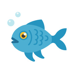 Simple cartoon blue fish swimming with bubbles on black