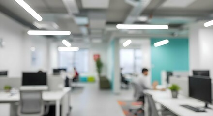 Blurred Modern Office Space: A tranquil shot of a bustling modern office space, captured through a soft and diffused lens.