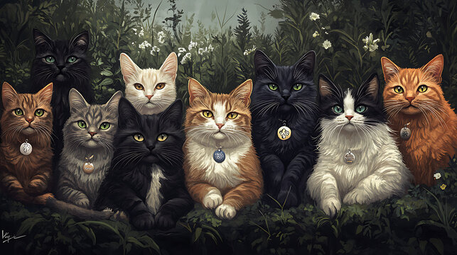 Group of various cat breeds resting together with inclusive symbols subtly integrated into the environment 
