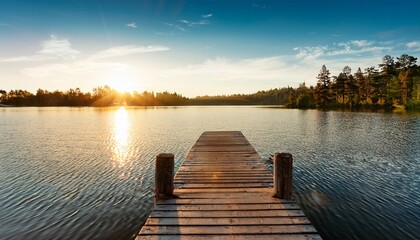 serene lakeside retreat with weathered wooden dock and tranquil rippling waters at golden hour